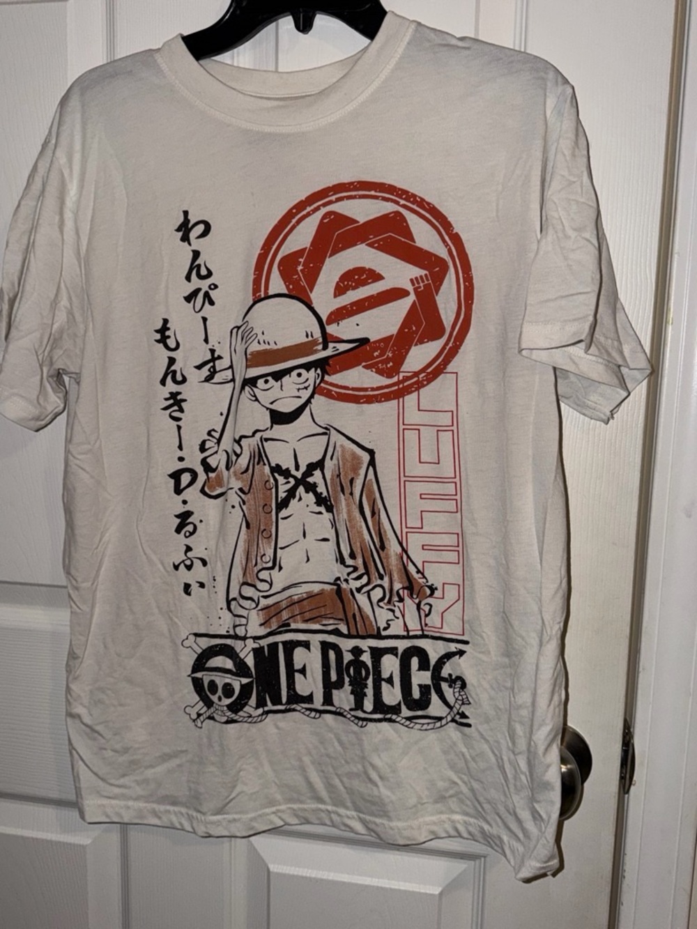 Onepiece White Graphic Luffy Tee with Red Accents